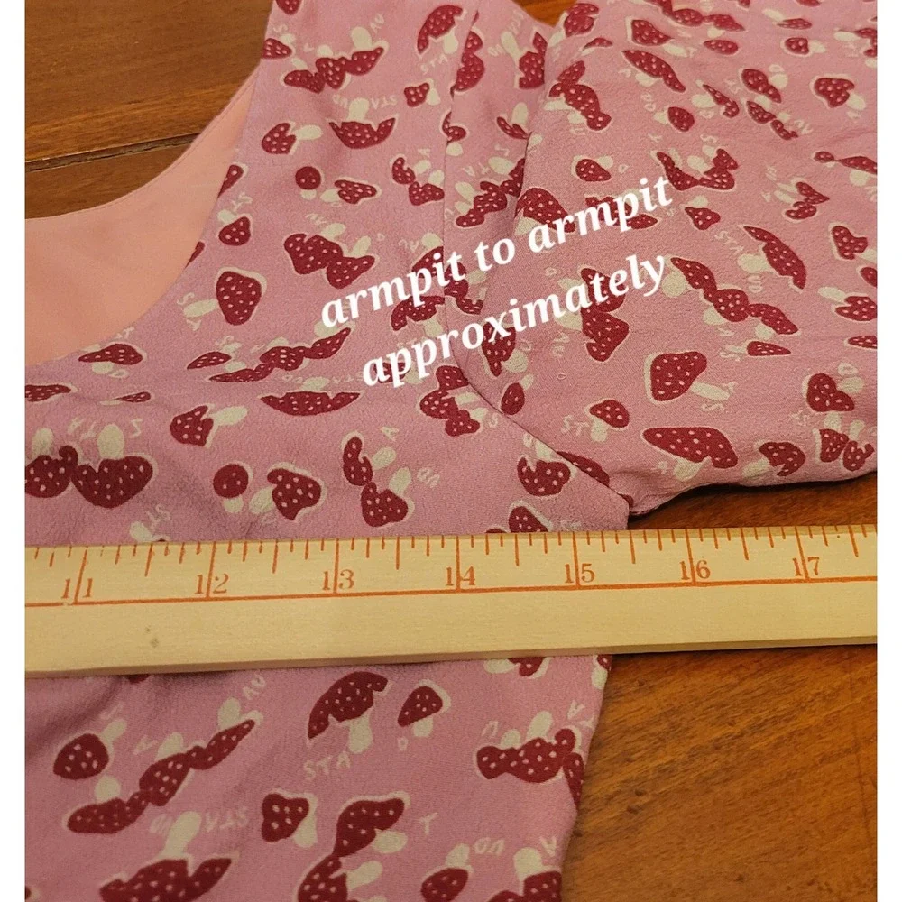 STAUD Mushroom Print‎ Puff Balloon Sleeve Crop Top Size 0 Pink Coquette Blouse